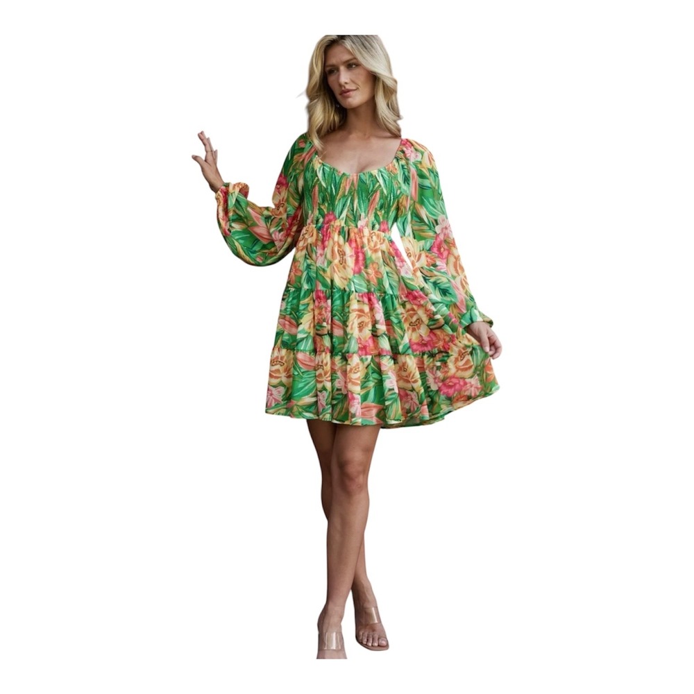Baltic Born Medium Acapulco Floral Smocked Tiered Chiffon Mini Dress NEW NEW